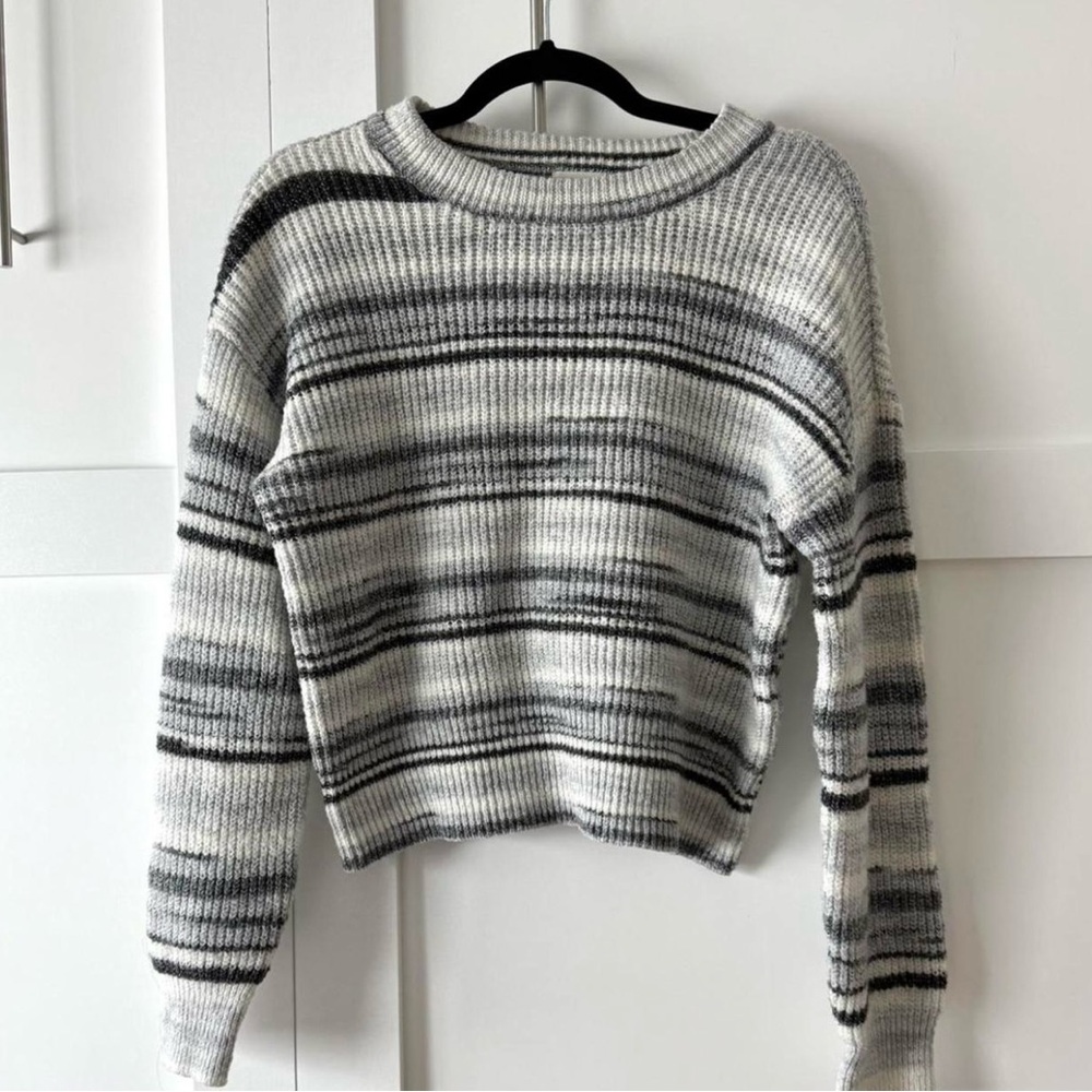 a.n.a Gray and Black Crew Neck Sweater with Textured Stripes